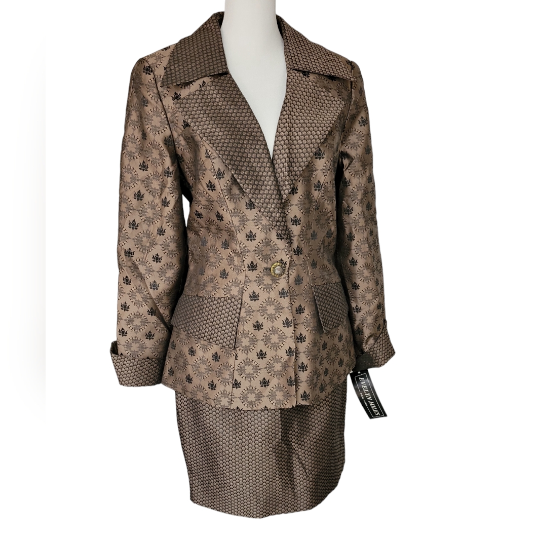 Vintage Evelyn Miles Blazer Skirt Set Size 8 Office Brown Black Nwt Rare